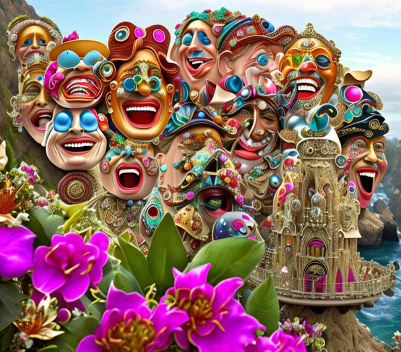 Colorful digital collage: whimsical faces above fantasy castle