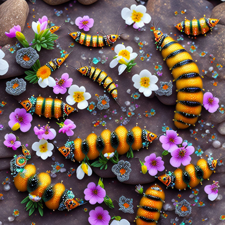 Colorful Caterpillars Among Flowers on Brown Background