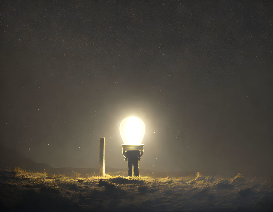 Person holding oversized glowing lightbulb in surreal twilight scene