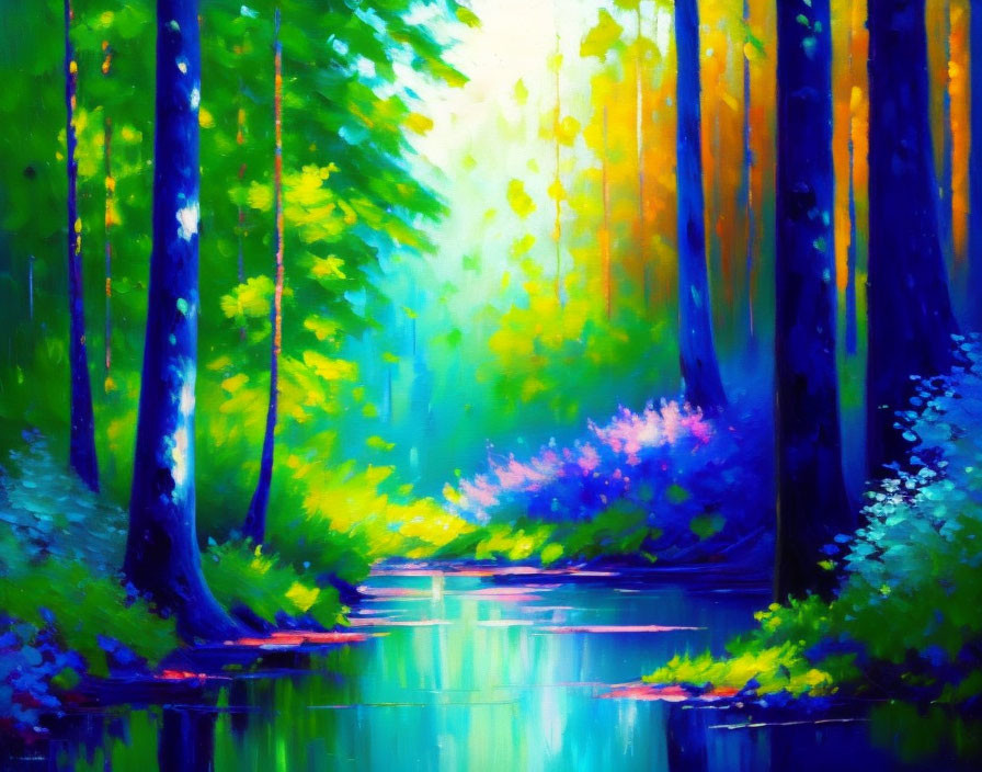 Serene forest painting with stream and sunlight