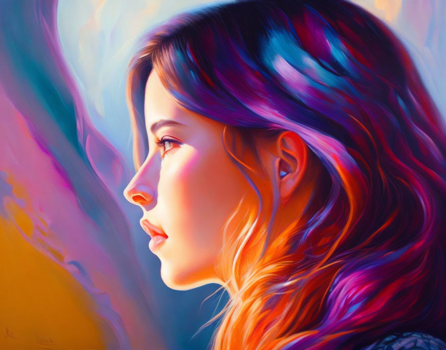 Colorful Profile Portrait of Woman with Illuminated Hair