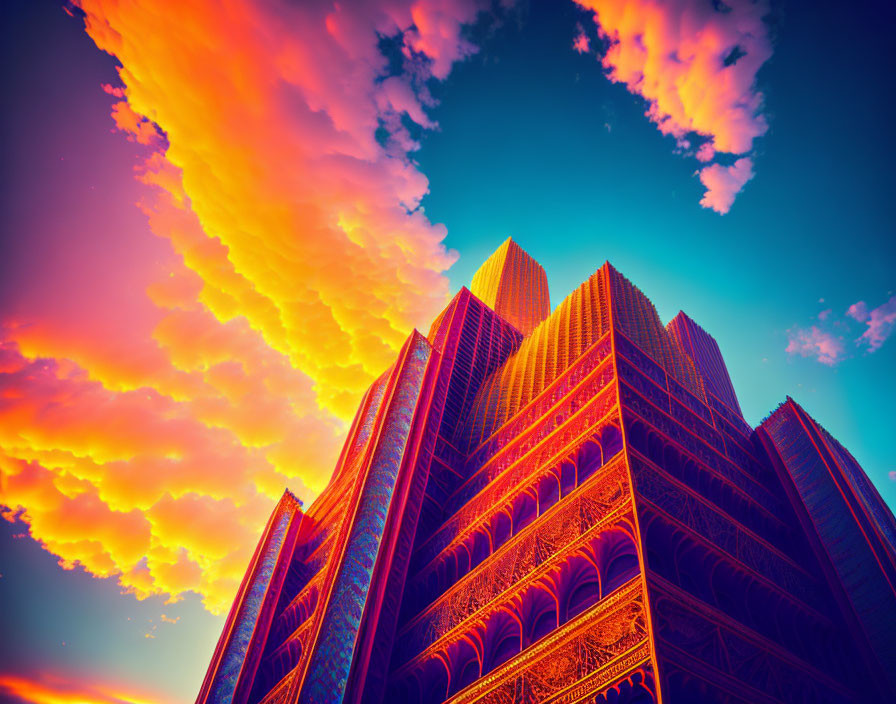 Urban skyscrapers against vibrant sunset sky with clouds.