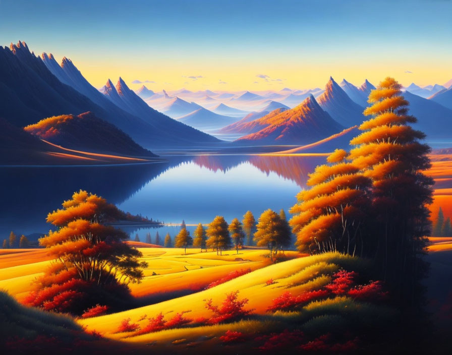 Vibrant landscape painting: Tranquil lake, autumn trees, mountains, sunset sky