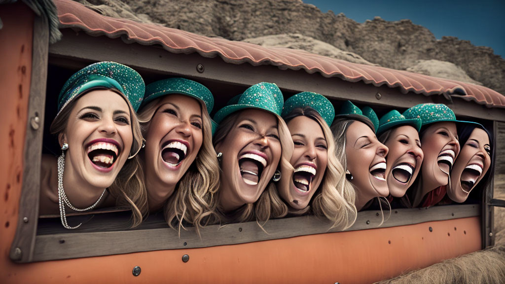 Joyful women in green hats laughing in vintage train carriage