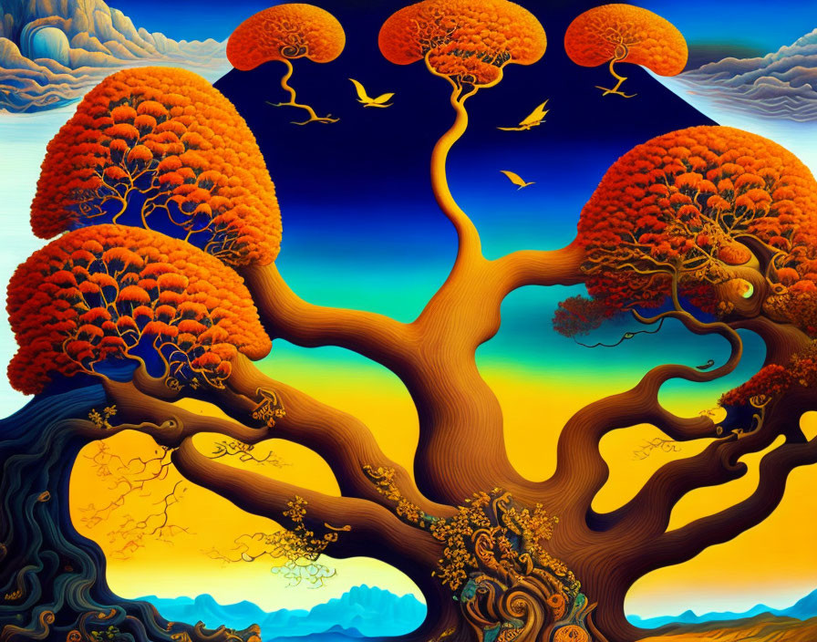 Colorful surreal landscape with intertwining tree, orange foliage, and flying birds above blue hills