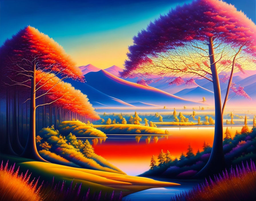 Colorful landscape with red and orange foliage, serene lake, and purple mountains under sunset sky