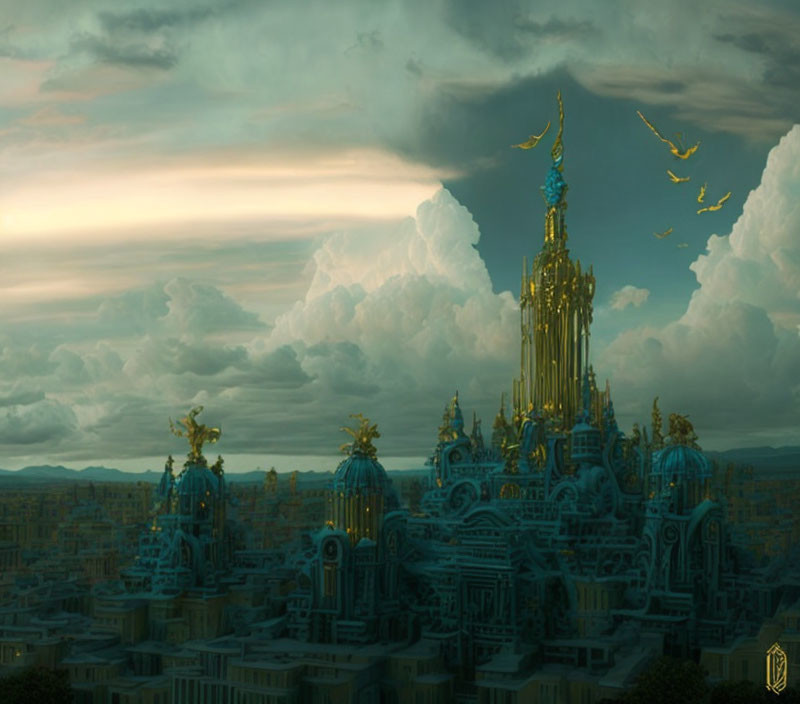 Ethereal Cityscape with Golden-Blue Architecture & Towering Spires