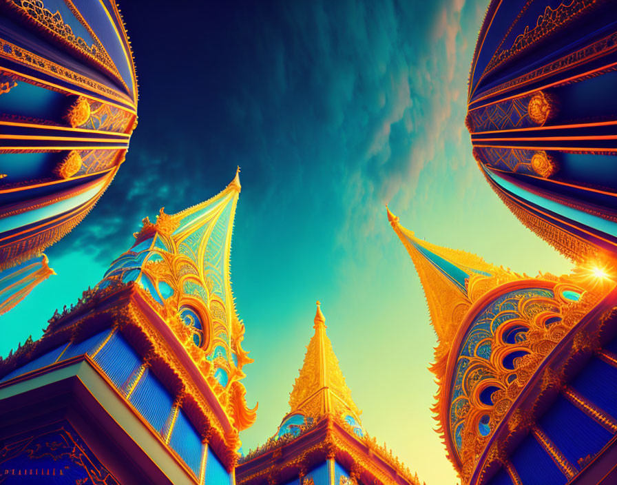 Ornate golden spires against vibrant blue sky with intricate details