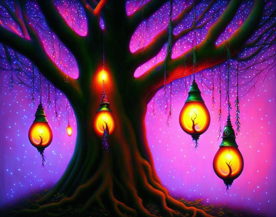 Vibrant tree with glowing lanterns in mystical purple backdrop