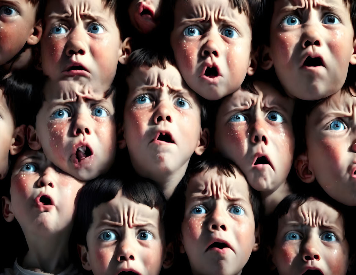 Multiple Expressive Child Faces Collage on Dark Background