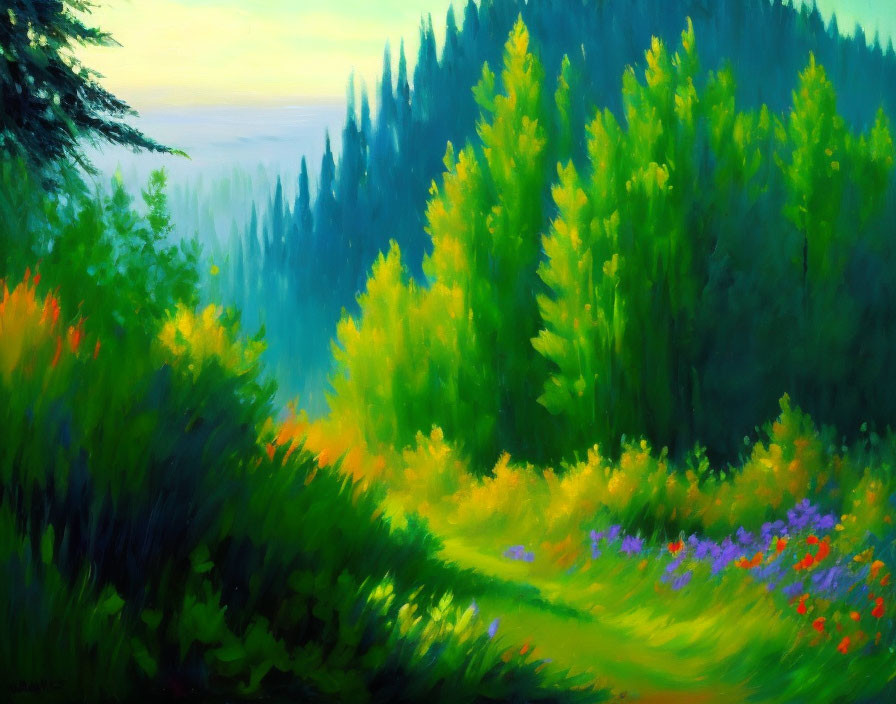 Lush Green Forest Painting with Sunlit Trees and Colorful Flowers