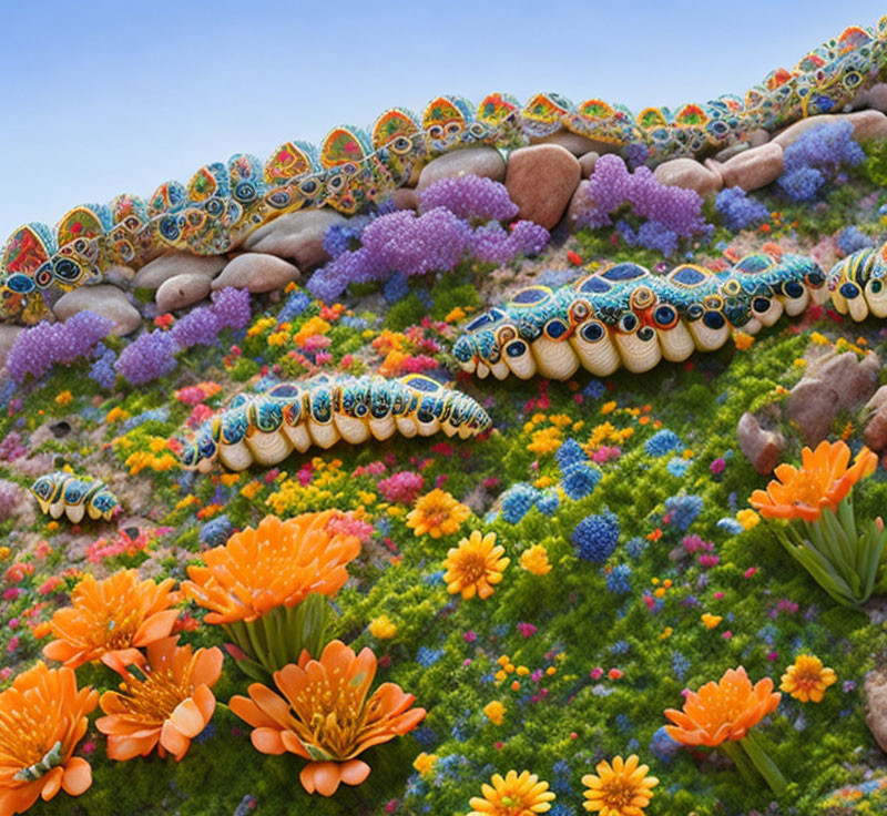 Colorful garden scene with whimsical caterpillar rocks and bright flowers