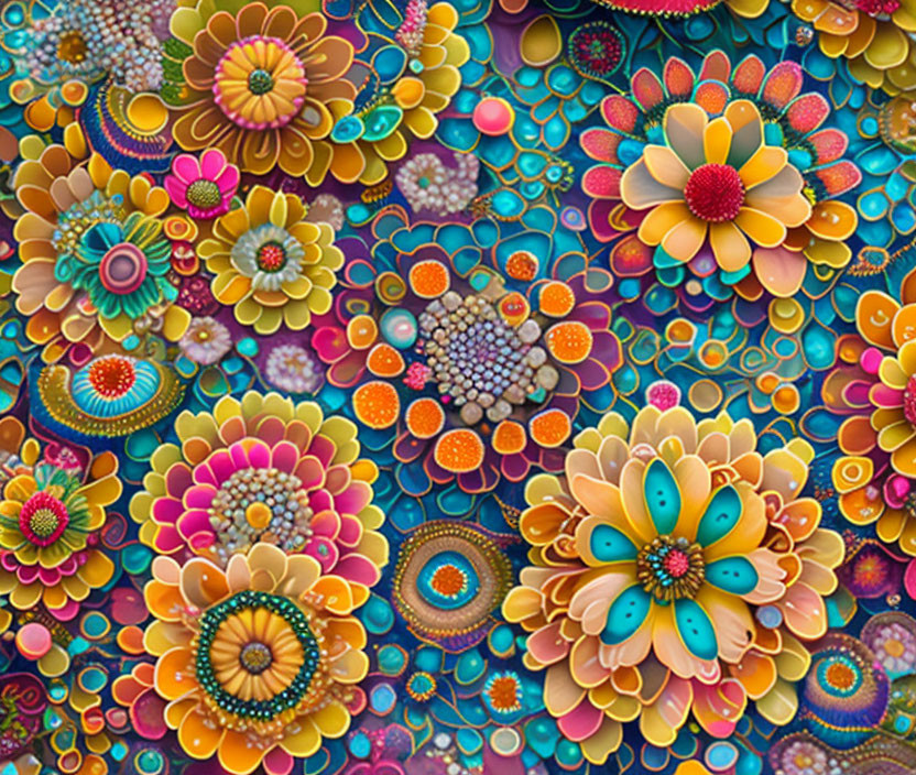 Colorful Digital Art: Intricate Garden of Stylized Flowers