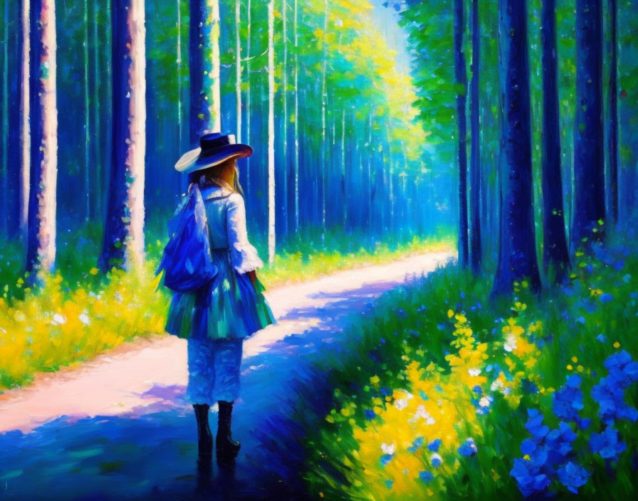 Colorful painting of person with hat in forest setting