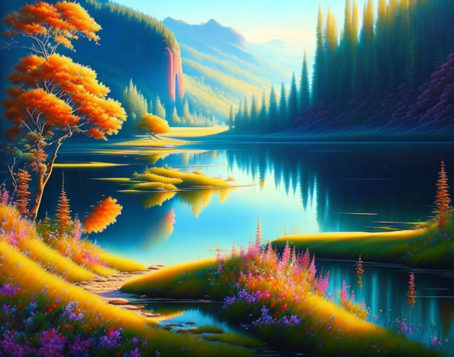 Tranquil lake landscape with colorful trees and mountain backdrop