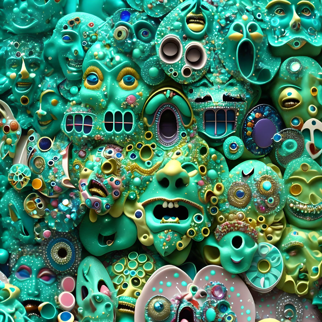 Teal faces with varied expressions and multiple eyes in surreal image