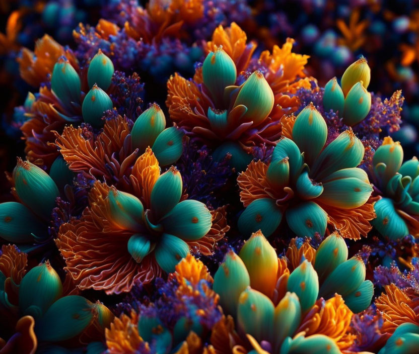 Colorful orange and teal sea anemones in dense underwater display.