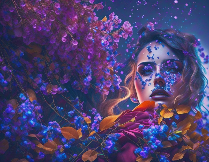 Woman with floral makeup in surreal purple setting surrounded by blossoms and sparkles