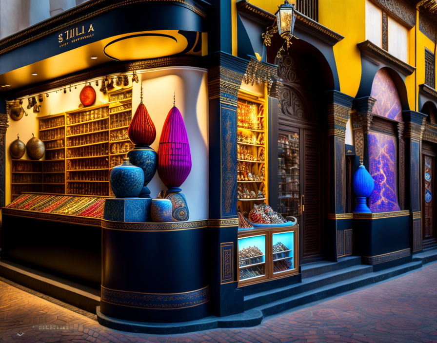 Colorful vases and textiles in vibrant storefront display.