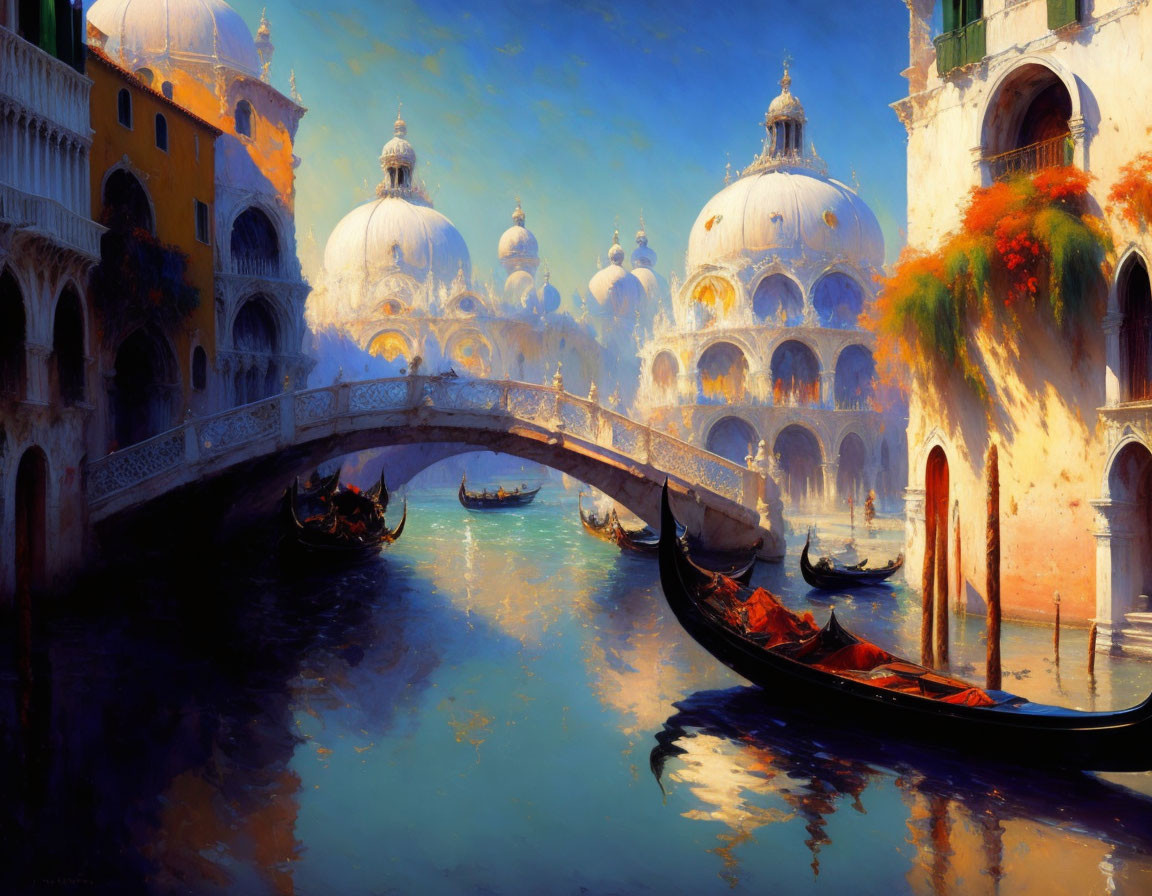 Scenic Venice painting with gondolas, bridge, and domed buildings