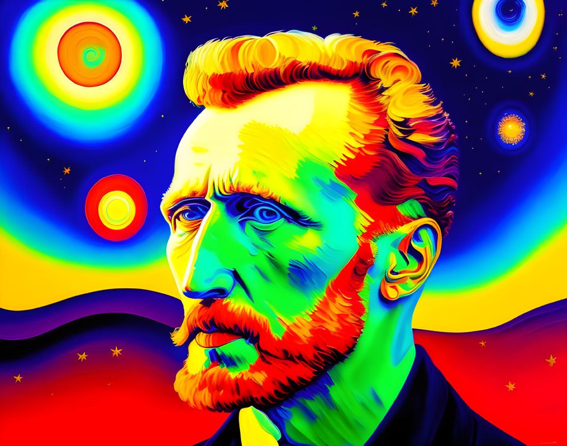 Colorful Abstract Portrait of Man Against Celestial Background