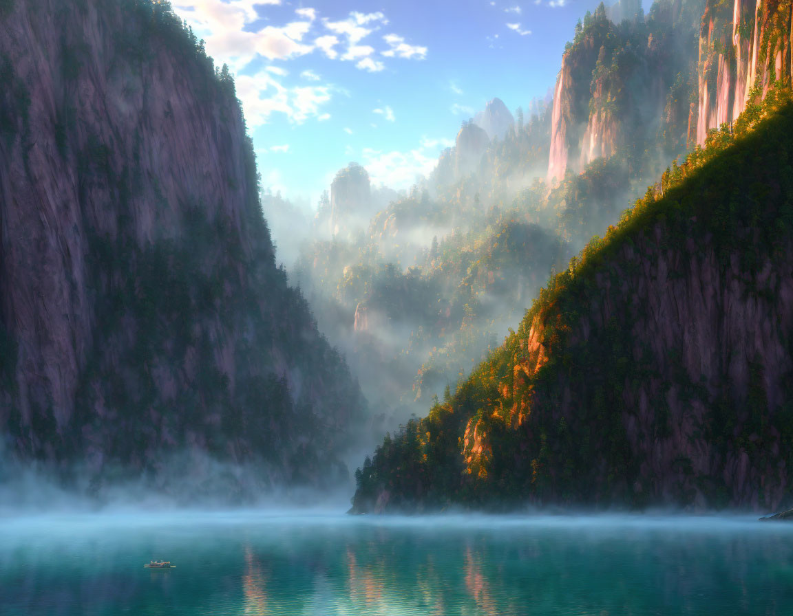 Tranquil lake with cliffs, forests, mist, and sunlight.