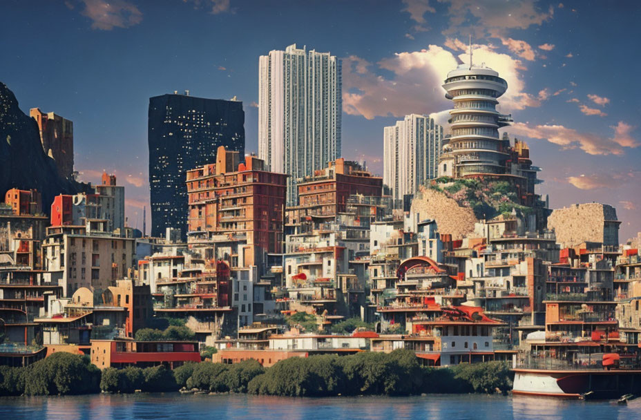 Futuristic cityscape with high-rise buildings, traditional architecture, and waterfront greenery