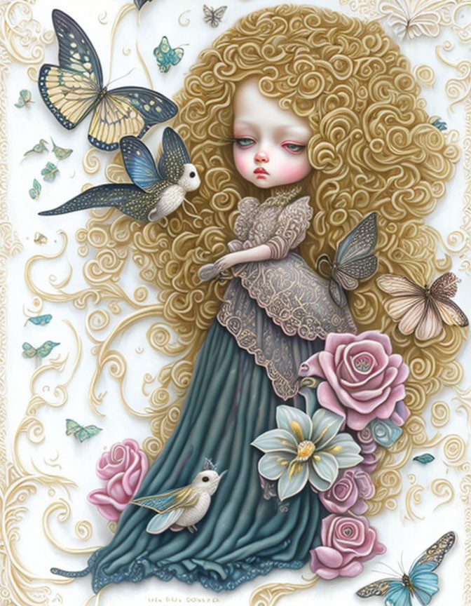 Whimsical illustration of girl with golden hair in teal dress surrounded by butterflies and flowers