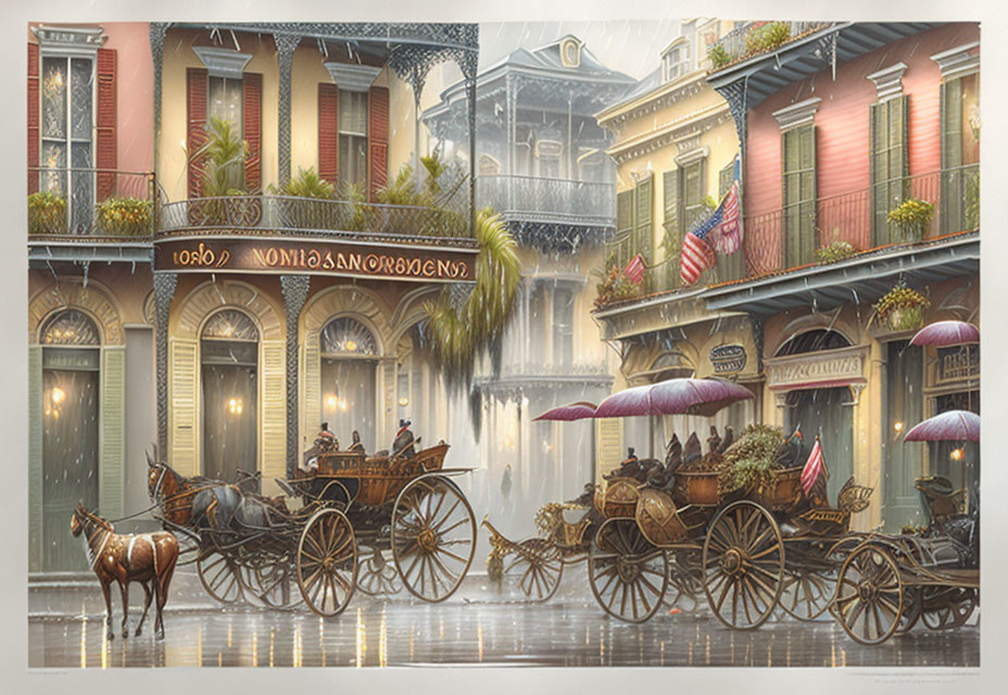 Historic street with colorful buildings and vintage lamps in rain