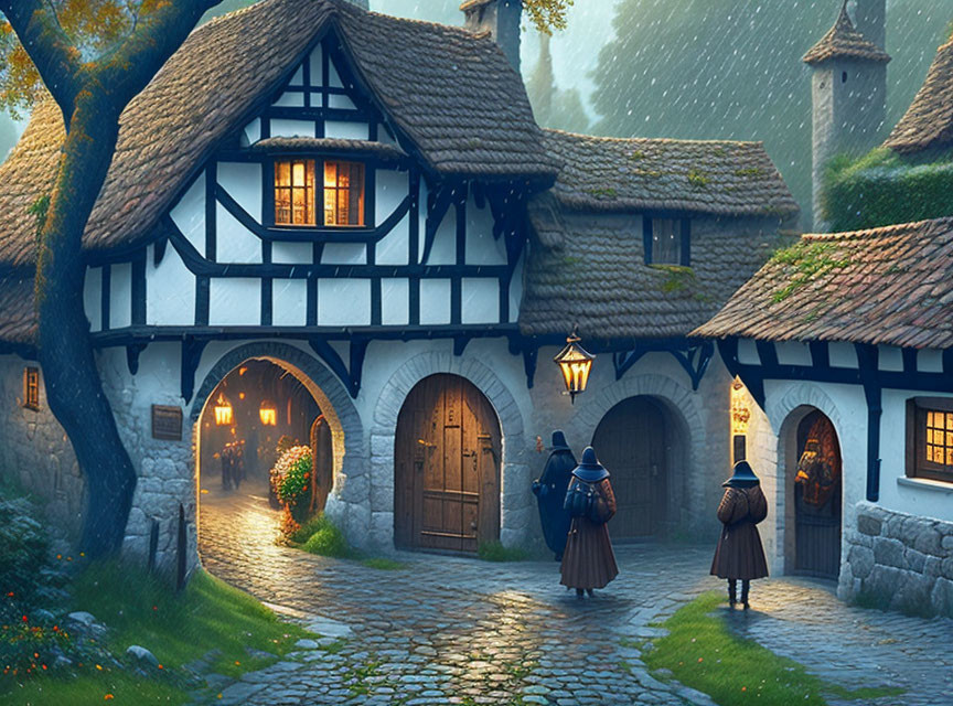 Medieval Thatched Roof Cottage with Figures in Cloaks