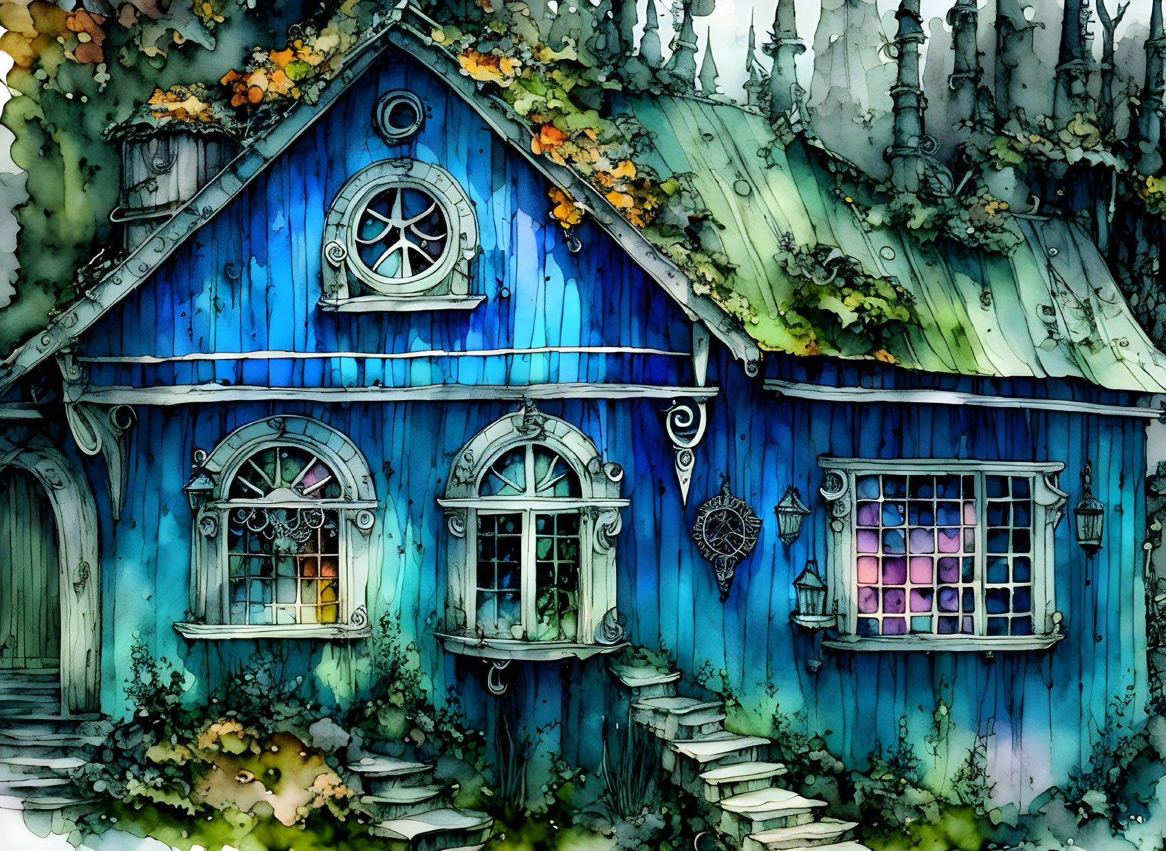 Whimsical Watercolor Illustration: Blue Fairy Tale Cottage in Enchanted Forest