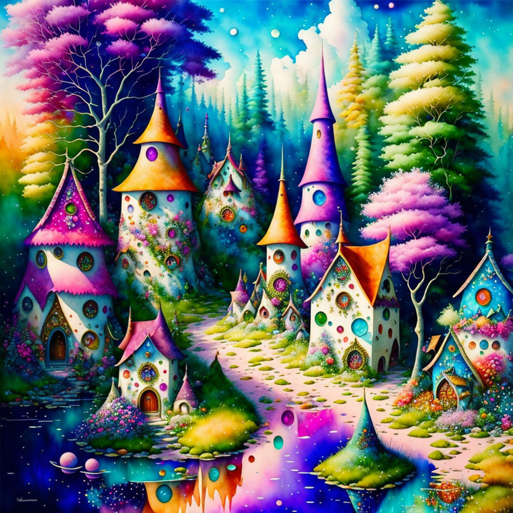 Vibrant fairy-tale village with mushroom houses in mystical forest