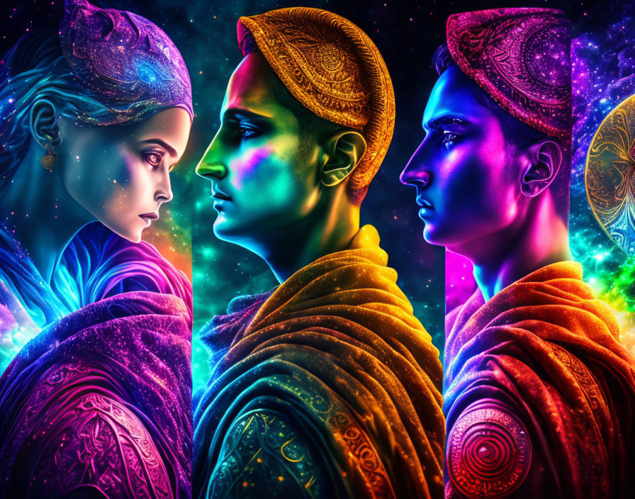 Vibrant Neon Portraits with Ornate Headgear on Cosmic Background