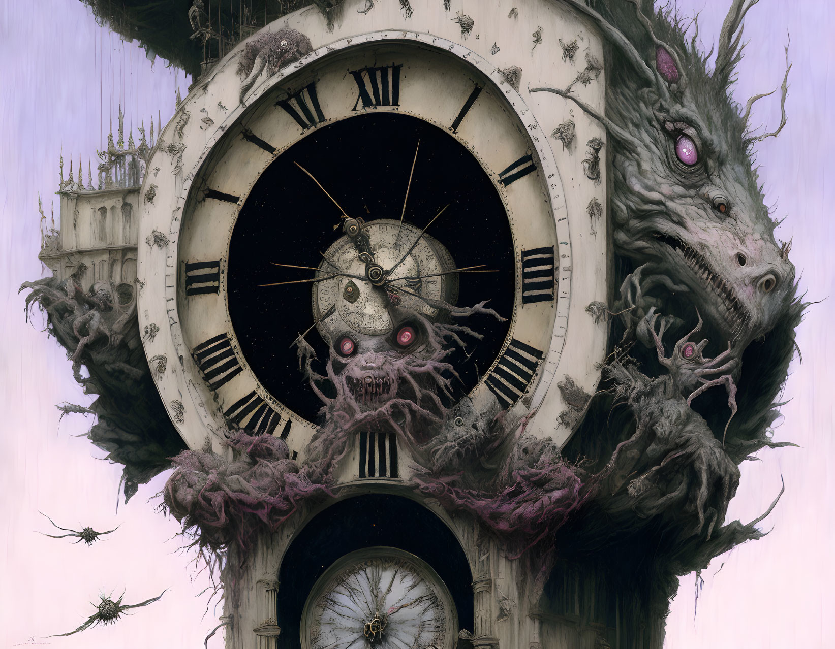 Mystical dragon intertwined with ornate clock tower in detailed artwork