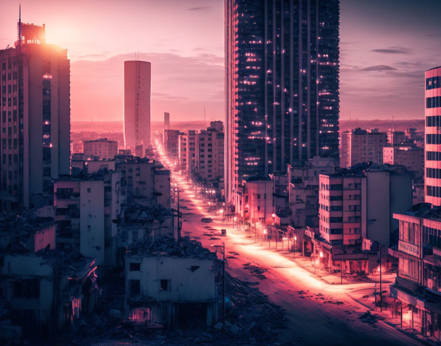 Cityscape bathed in sunset hues with illuminated streets and high-rises against evening sky.