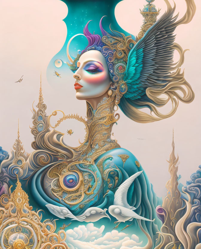 Surreal artwork: Woman with whimsical elements and birds in pastel colors