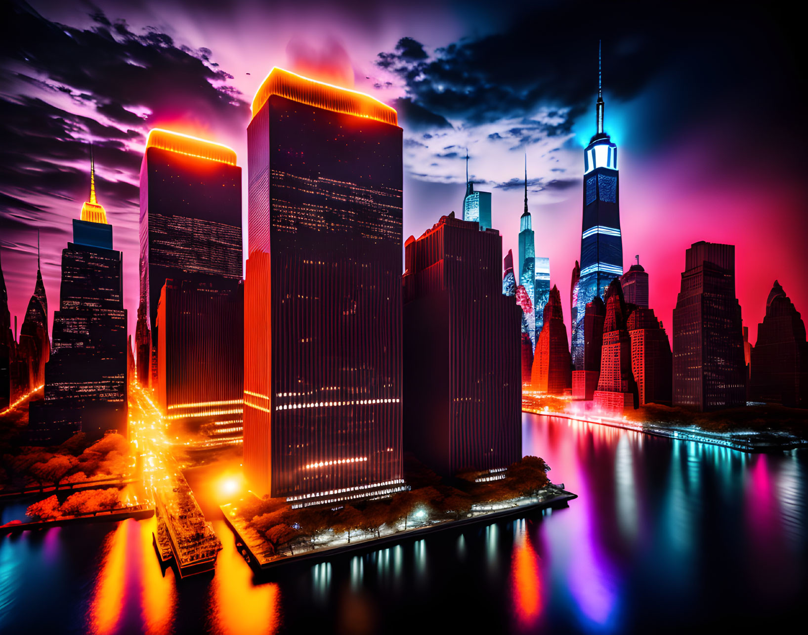 Futuristic cityscape with neon lights, skyscrapers, and colorful night sky