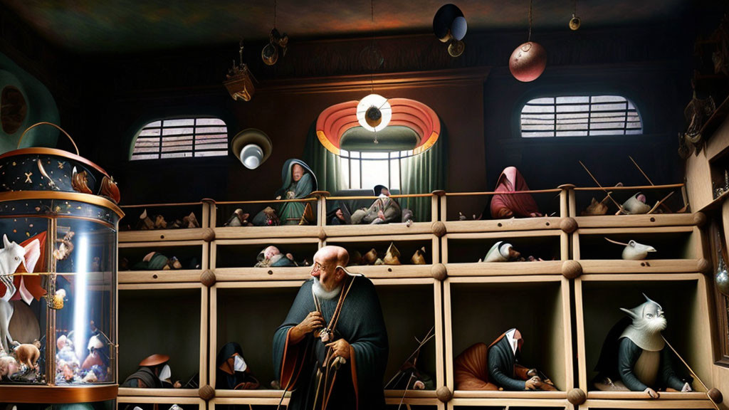 Elderly man in library with cat scholars and celestial globe