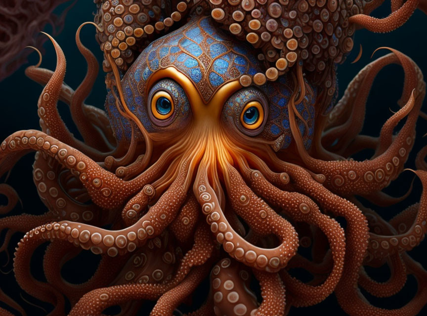 Detailed octopus with textured head and twisting tentacles, large amber eyes