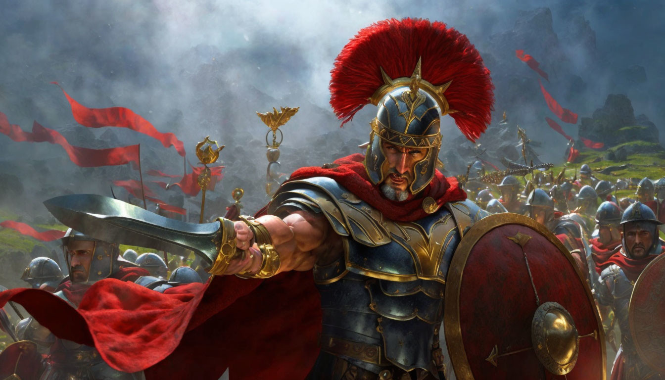 Roman commander in armor leads troops into battle in digital artwork