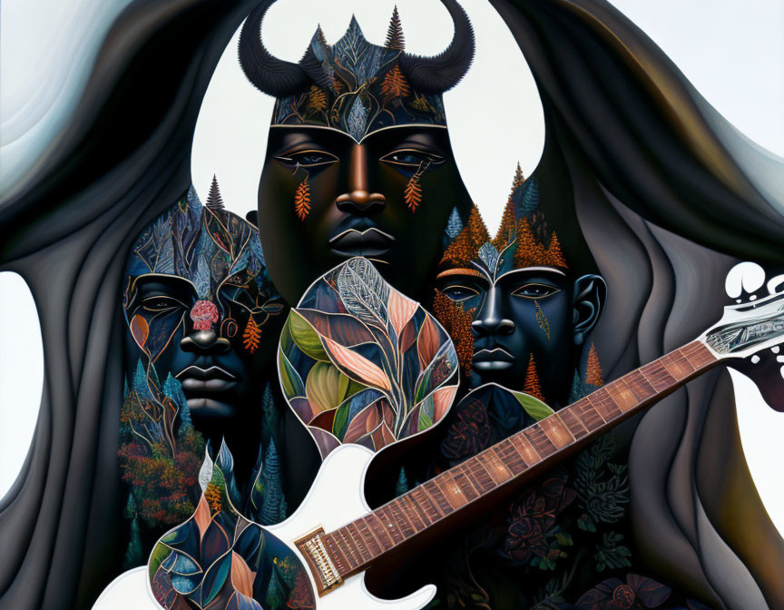 Surreal artwork: Three faces with plant-like patterns, horned headdress, guitar hand,