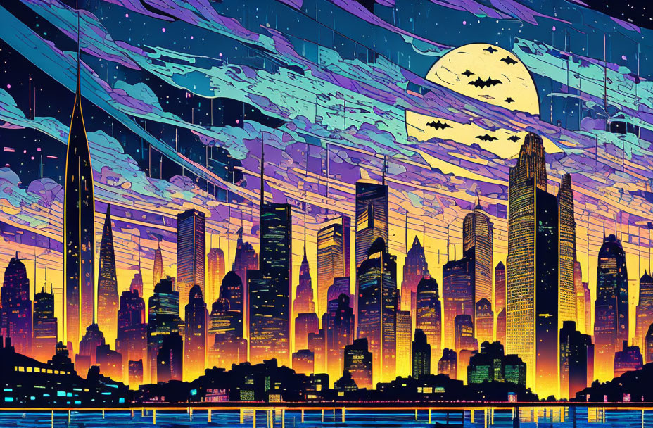 Colorful cityscape illustration: night scene with skyscrapers, moon, stars, clouds, and