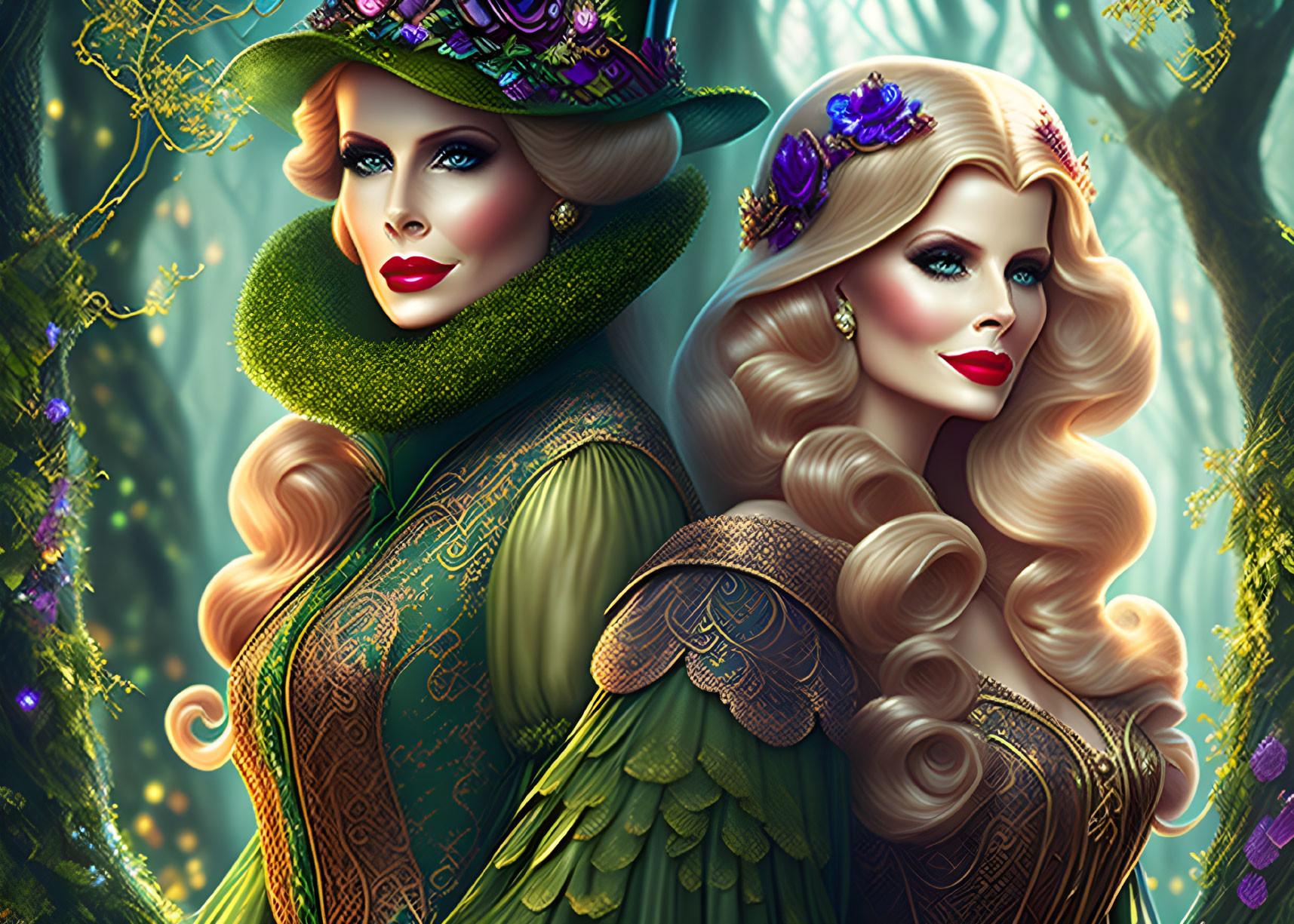 Illustrated women with golden hair in green floral outfits in enchanted forest