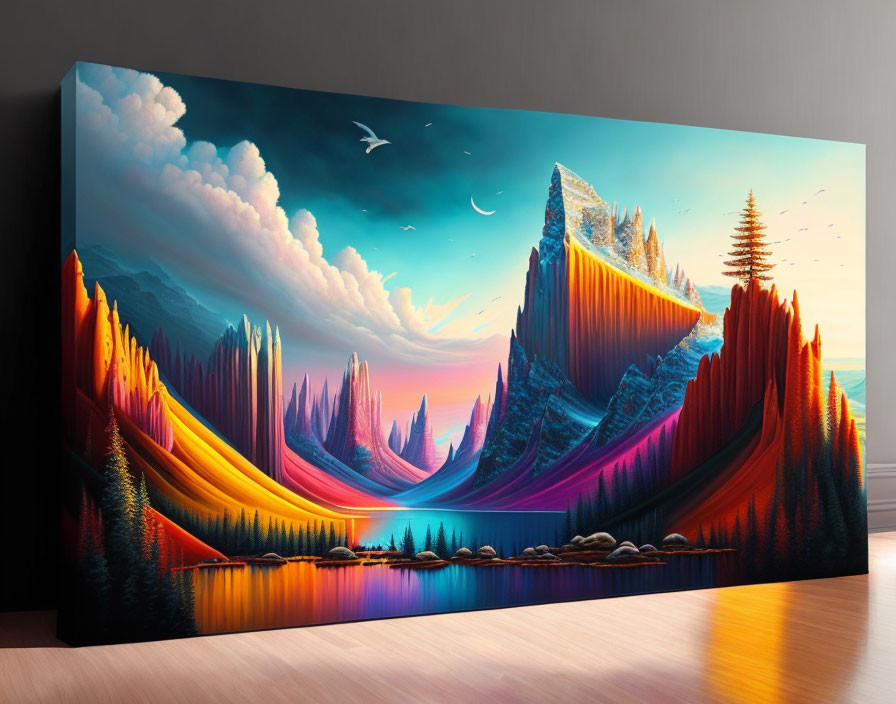 Colorful Canvas Painting: Surreal Landscape with Cliffs, Lake, Trees, and Moon