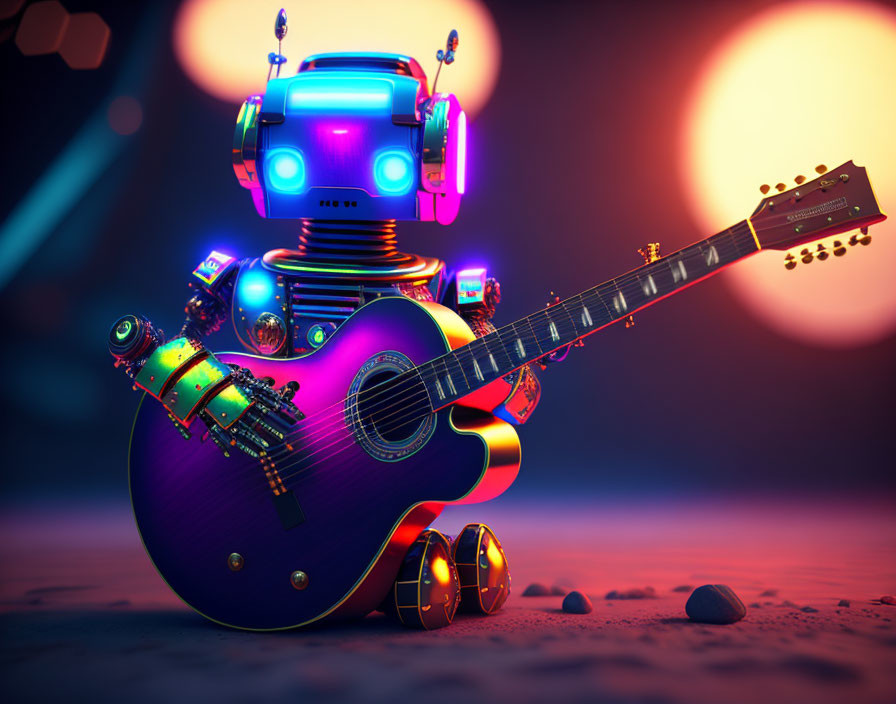 Colorful Robot Playing Electric Guitar on Sandy Surface with Glowing Orb