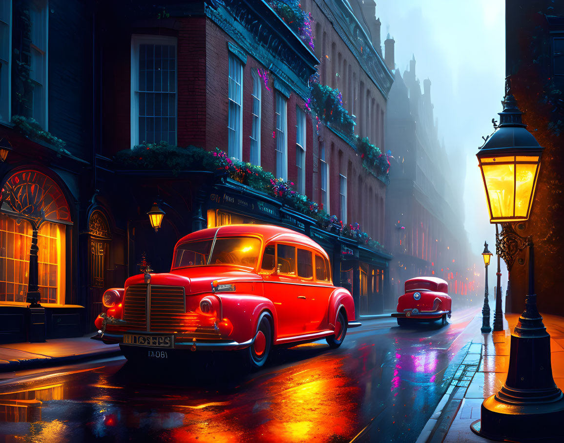 Misty Dusk Scene: Cobblestone Street with Vintage Red Cars