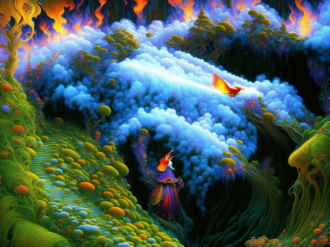 Vibrant surreal landscape with two phoenixes flying over lush foliage and flame-like structures