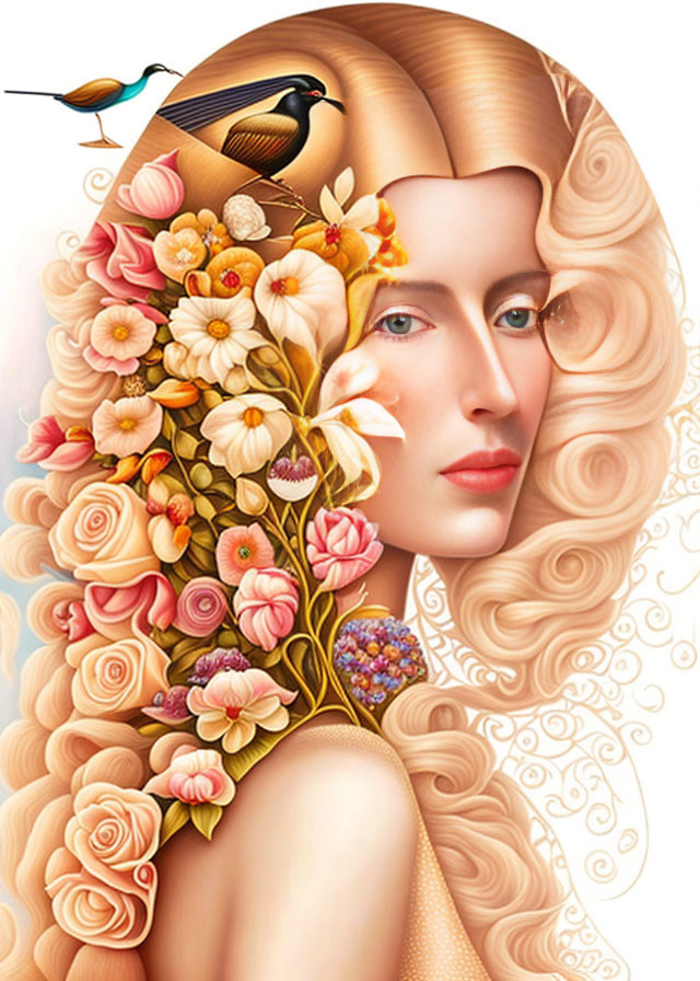 Colorful surreal illustration: Woman with flower hair and birds