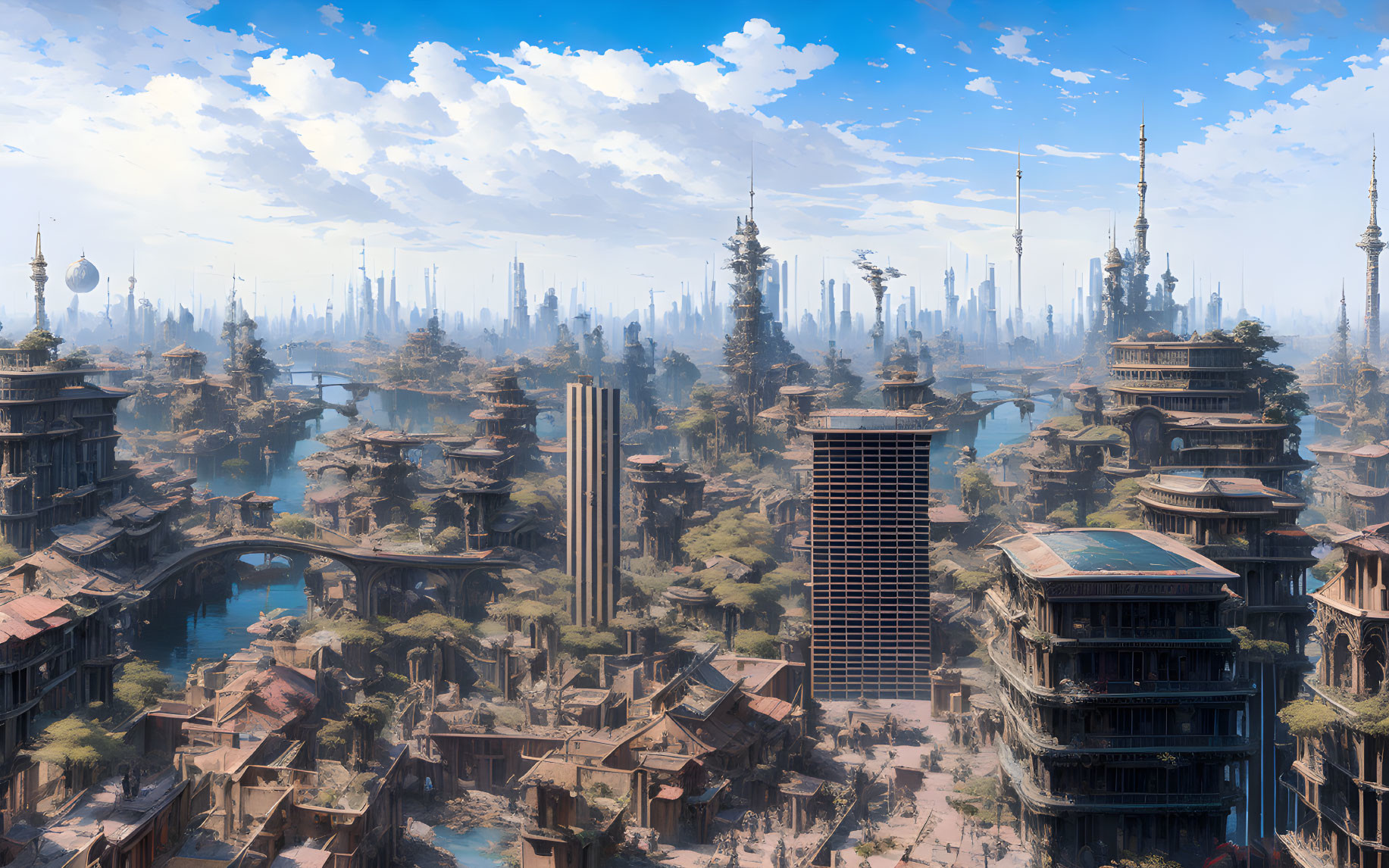 Futuristic cityscape with tall spires, domes, and bridges in lush green setting