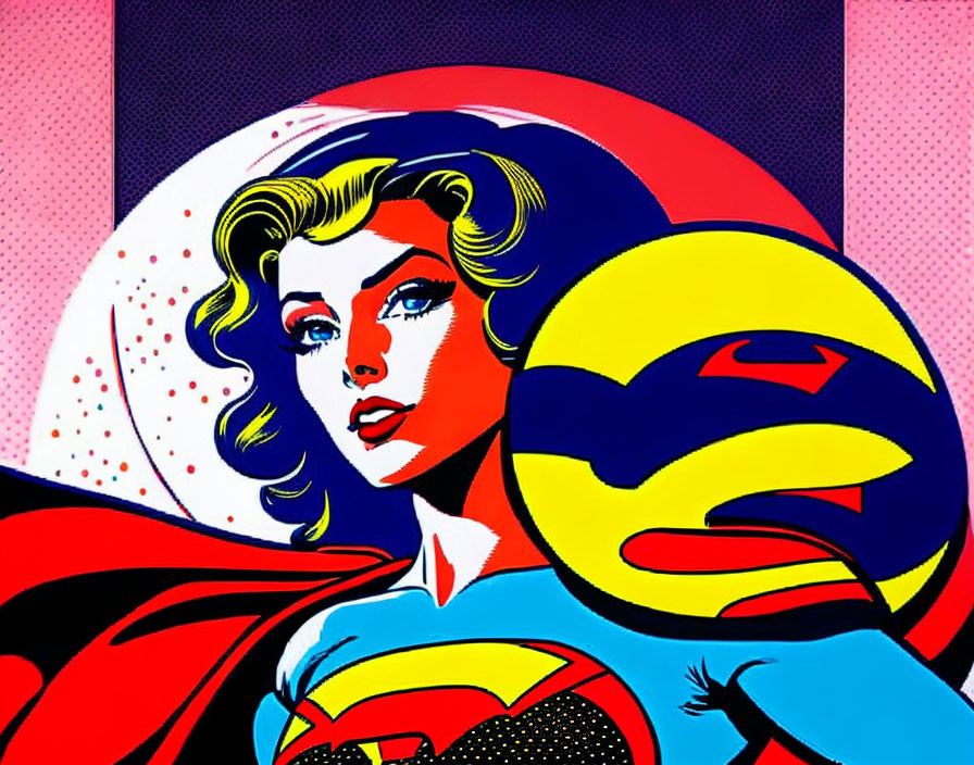 Female superhero illustration in pop art style with flowing cape and emblem on chest.